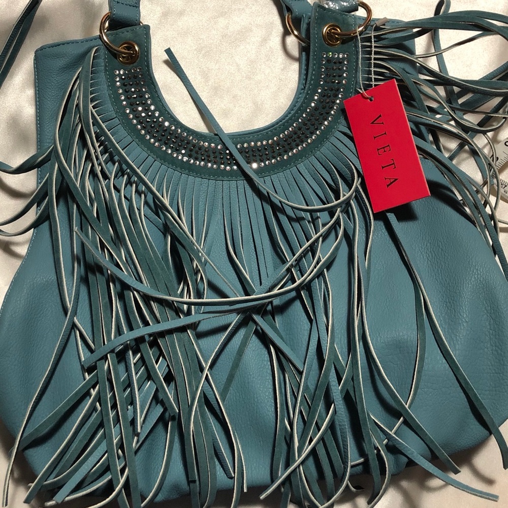 💙Sasha Vieta Aqua Vegan Leather Fringe Bag - Picture 12 of 16